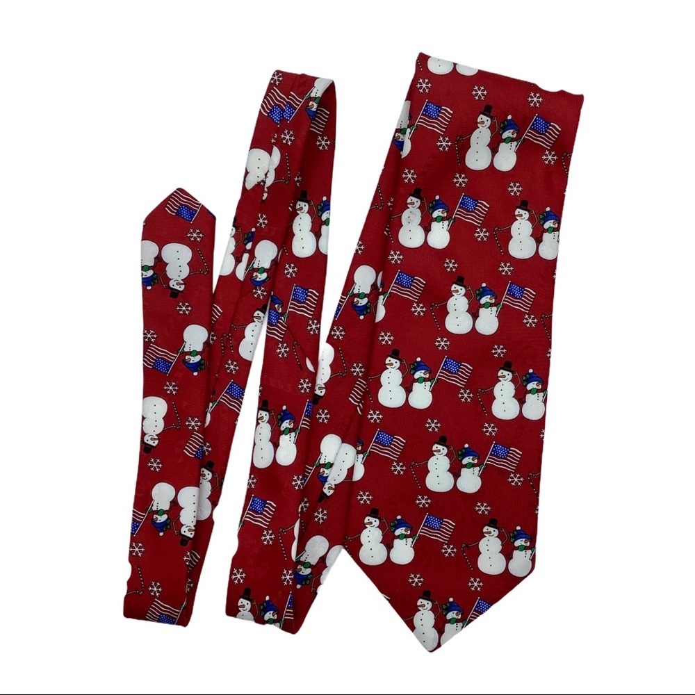 Hallmark Yule Tie Greetings Snowmen American Flag‎ Christmas Red Mens Necktie